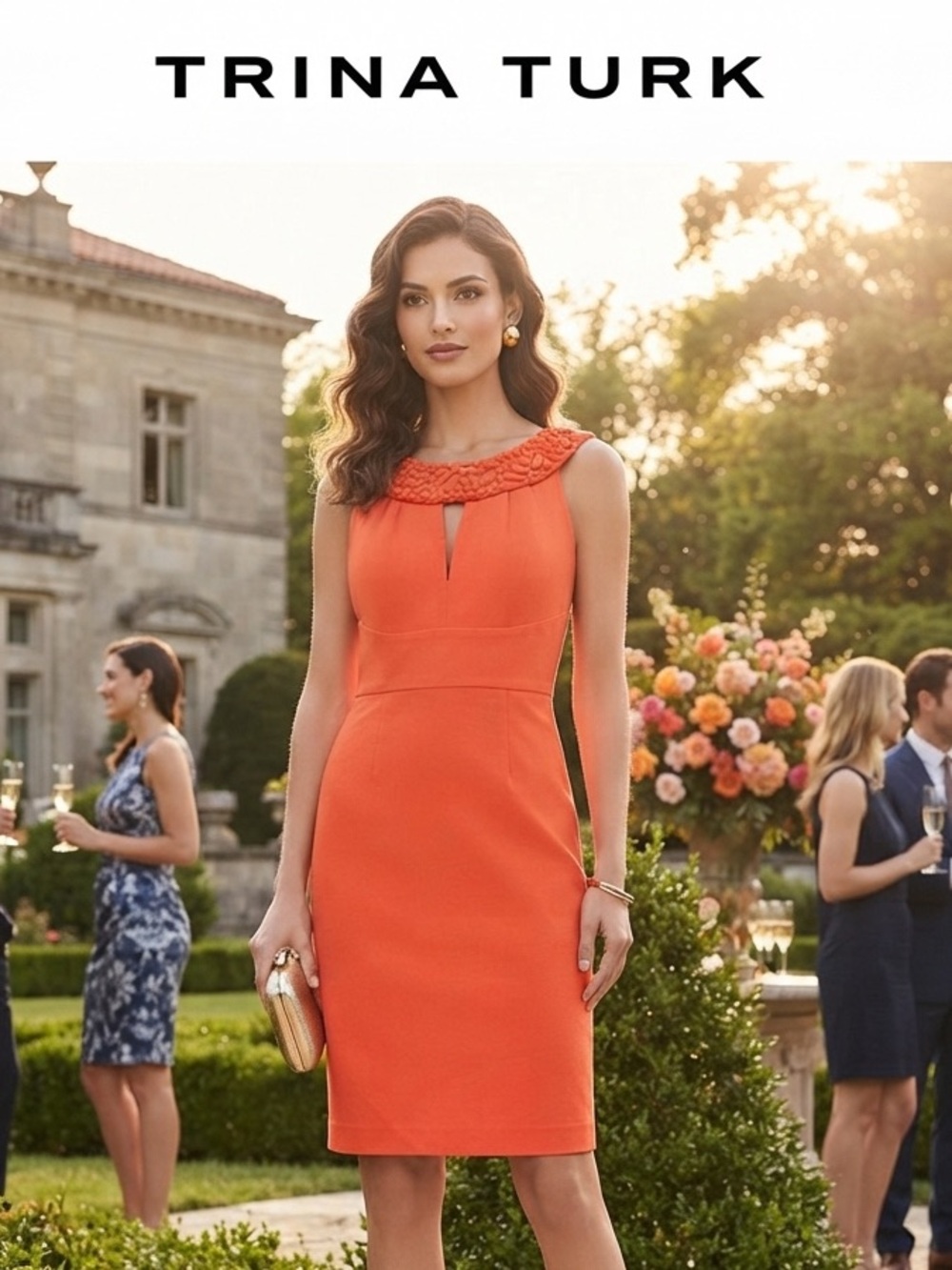 Trina Turk Orange Beaded Neckline Sheath Dress
